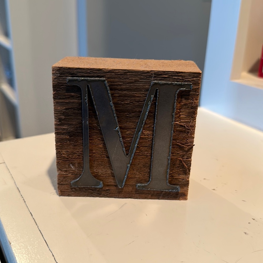 “M” wood block desk accessory
